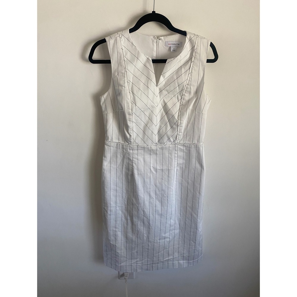 Liz Claiborne Womens White Pinstripe V-Neck Sleeveless Sheath Dress Size 4 Work